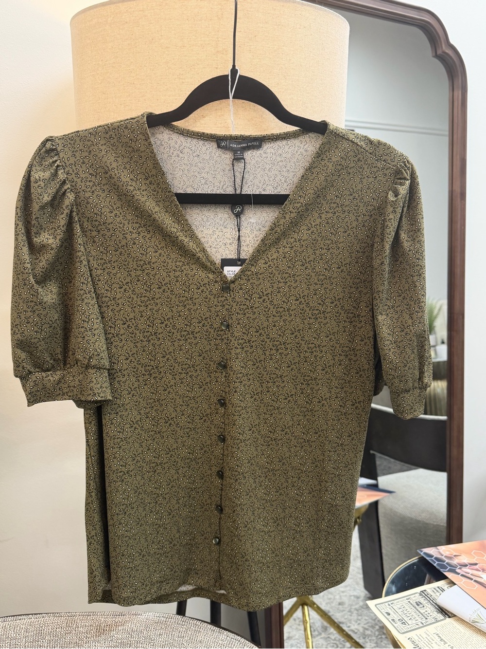 Adrianna Papell Olive Green Puff Sleeve Button-Front Top